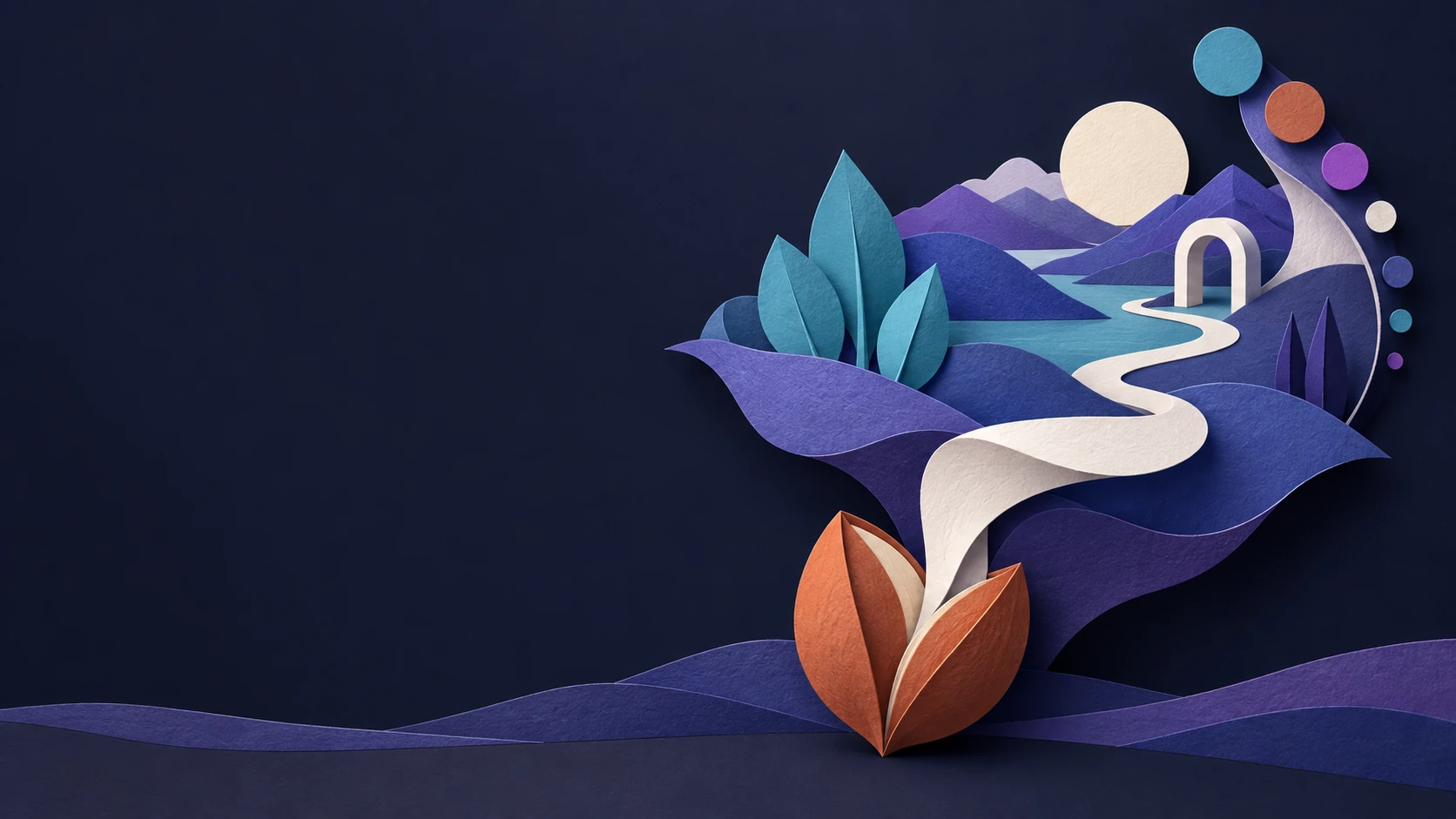 A terracotta paper seed unfolds into a world of purple hills, cyan leaves and an open doorway, connected by a winding paper path.