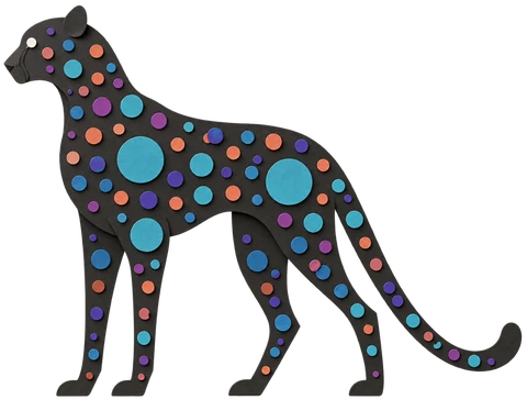 A textured paper-craft illustration of a leopard, its spots rendered as the RunsNative escape-trail dots in teal, coral, violet, and indigo