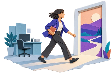 A paper-craft illustration of a woman walking away from her office desk, carrying a notebook, toward an open doorway revealing a sunlit path through purple hills.